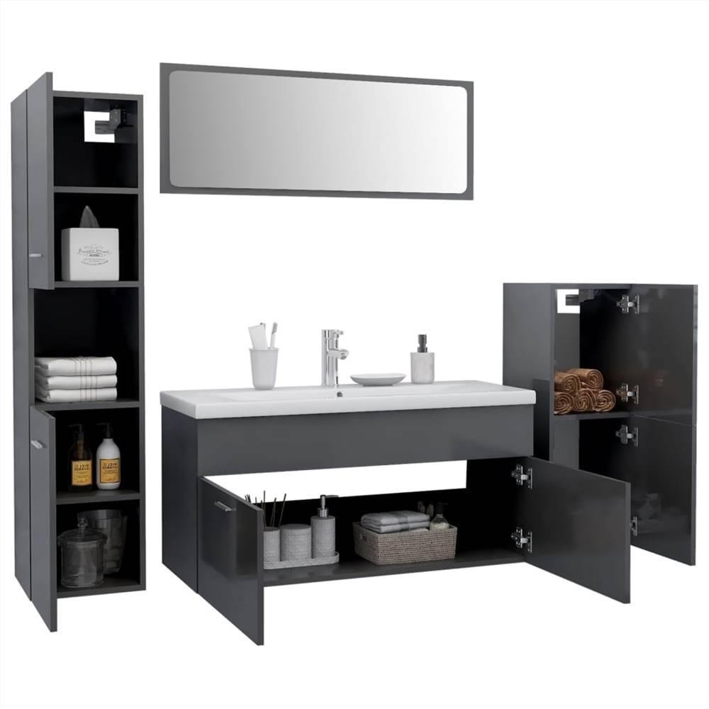 Bathroom Furniture Set High Gloss Grey Chipboard