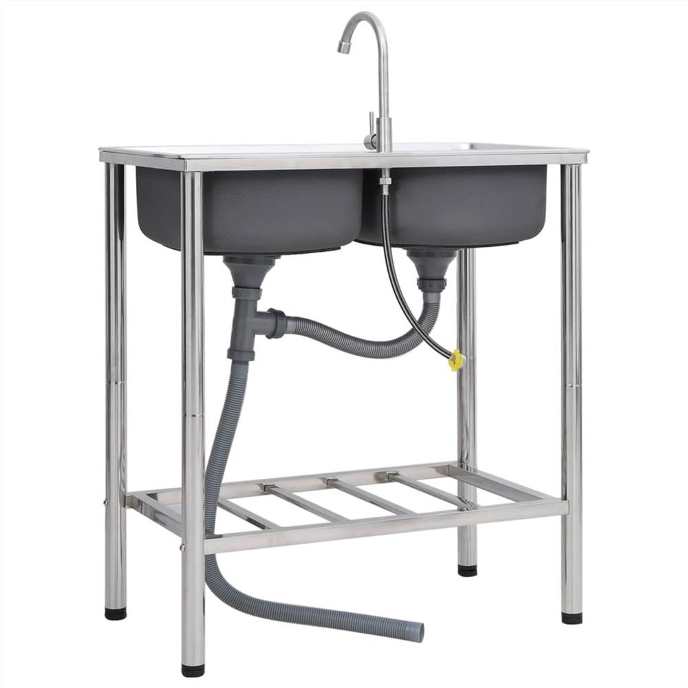 Camping Sink Double Basins with Tap Stainless Steel