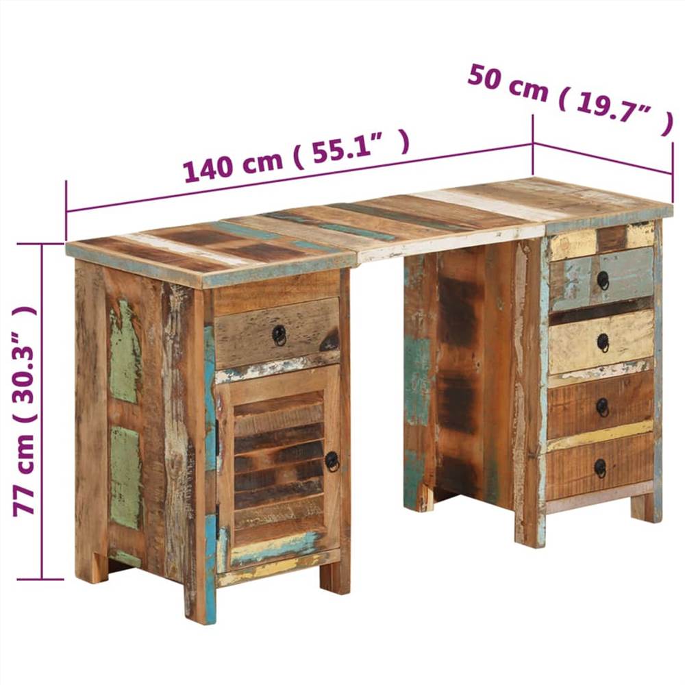 Pedestal Desk Solid Wood Reclaimed 140x50x77 cm