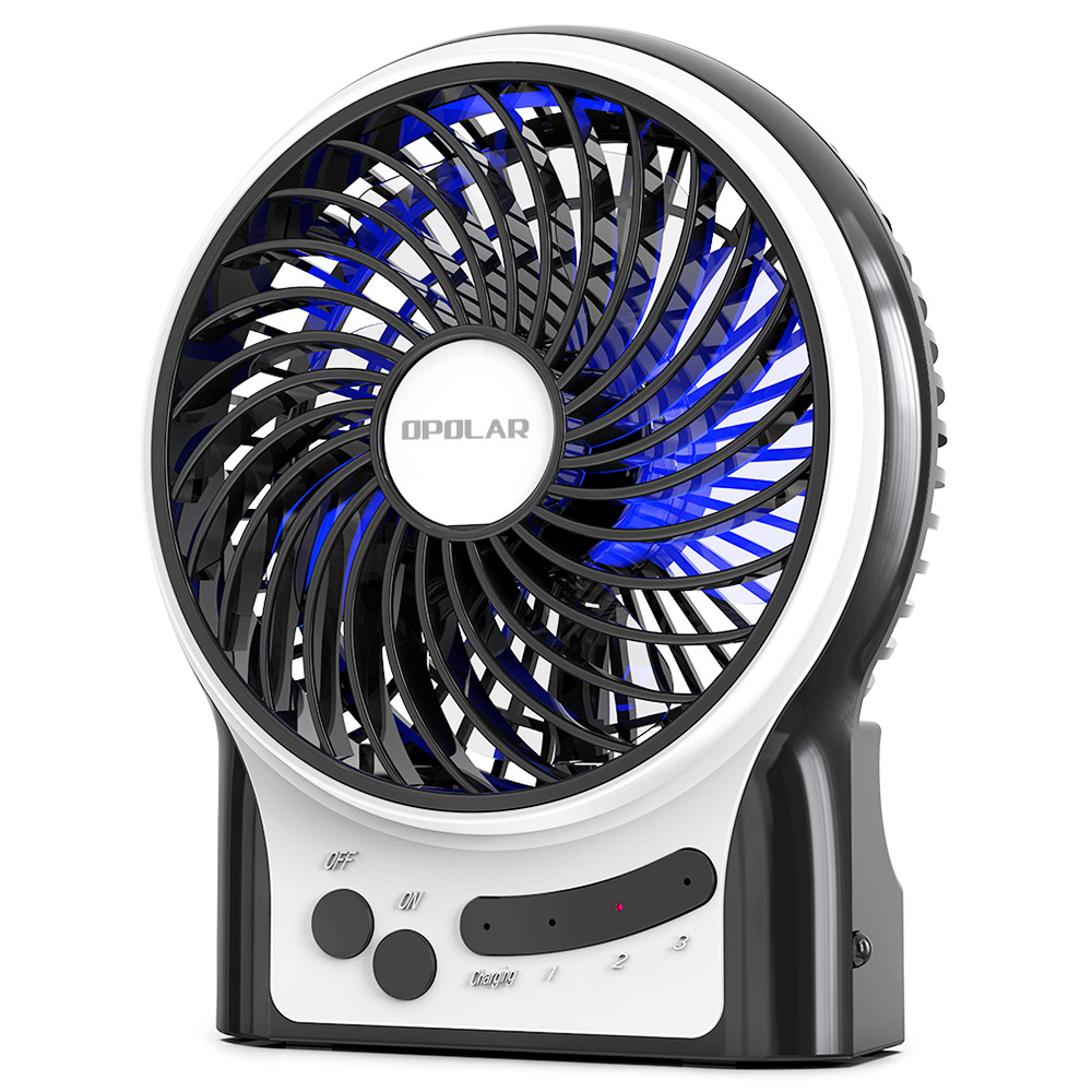 

Mini 2200mAh Battery Operated Desk Fan, 3 Speeds, Strong Airflow, Rechargeable USB Handheld Fan with Blue LED Light