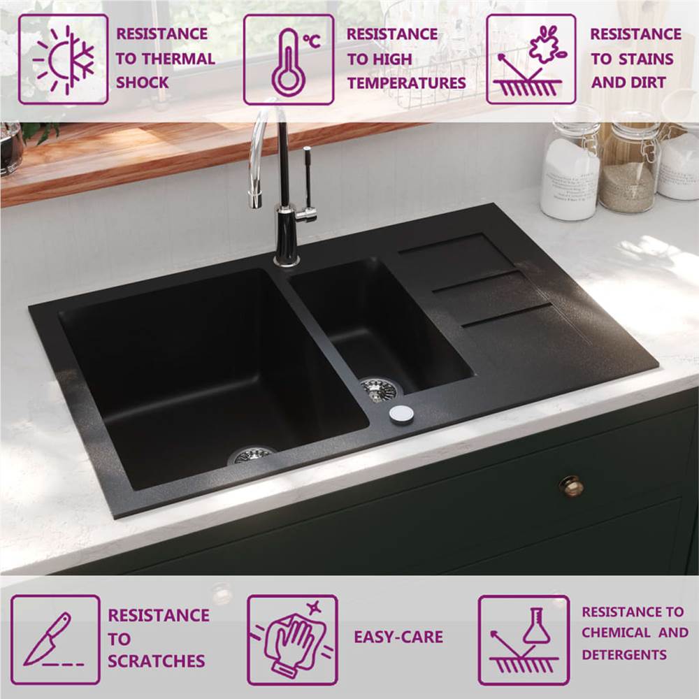 Granite Kitchen Sink Double Basins Black