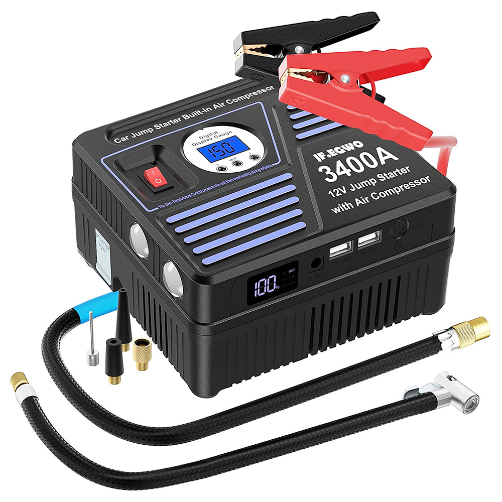 

JF.EGWO 3400Amp Car Jump Starter with Air Compressor, 24000mAh 12V Auto Battery Booster, 150PSI Tire Inflator - JP Plug