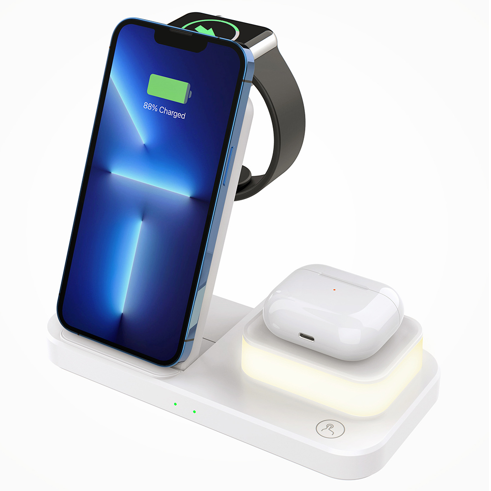 

C500 Foldable 3-in1 Wireless Charger with 3-Level Adjustable Night Light, 9V 2A USB QC3.0 Charging for Apple - White