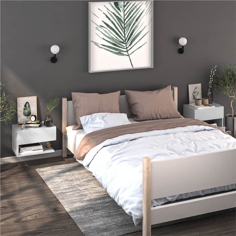 Wall Bedside Cabinet High Gloss White Engineered Wood