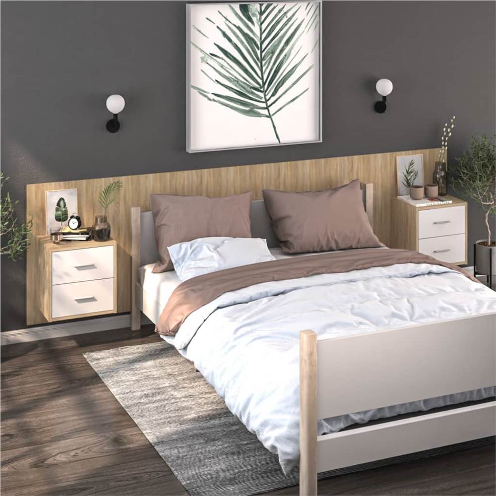 Wall Bedside Cabinet White and Sonoma Oak Engineered Wood