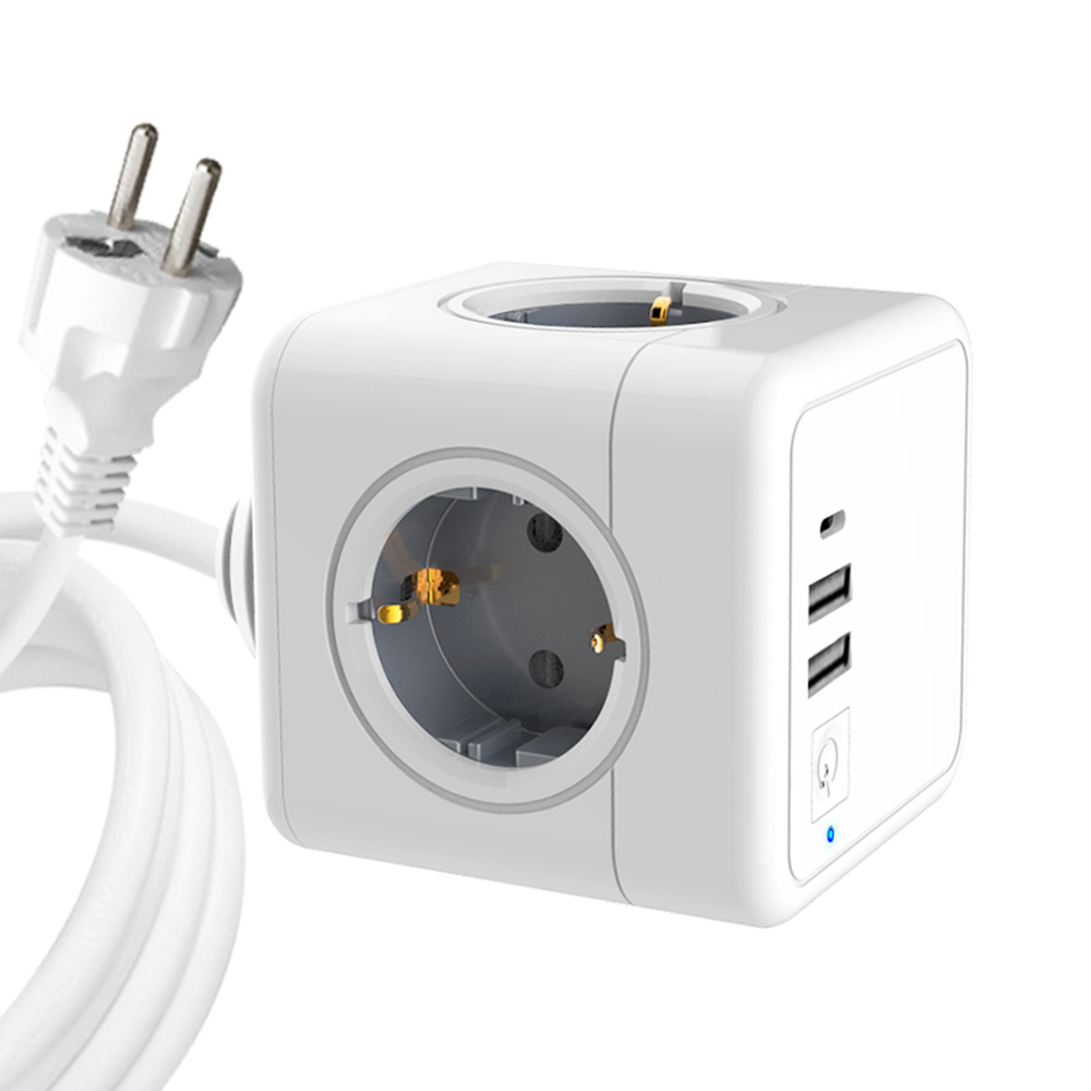

Sopend E04C Powercube Power Strip Socket with Switch, EU Plug, 1.5m Extension Cord, 2 USB-A Ports, 1 USB-C Port - Grey and White