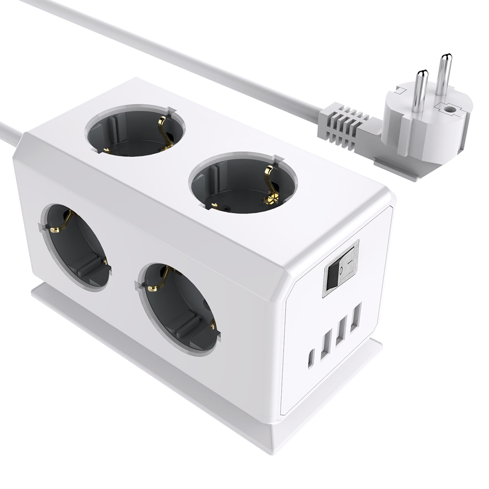 

Sopend E08 Powercube Tower Power Strip Socket with Switch, EU Plug, 1.5m Extension Cord, 4 USB Ports, 6 Outlet - Grey