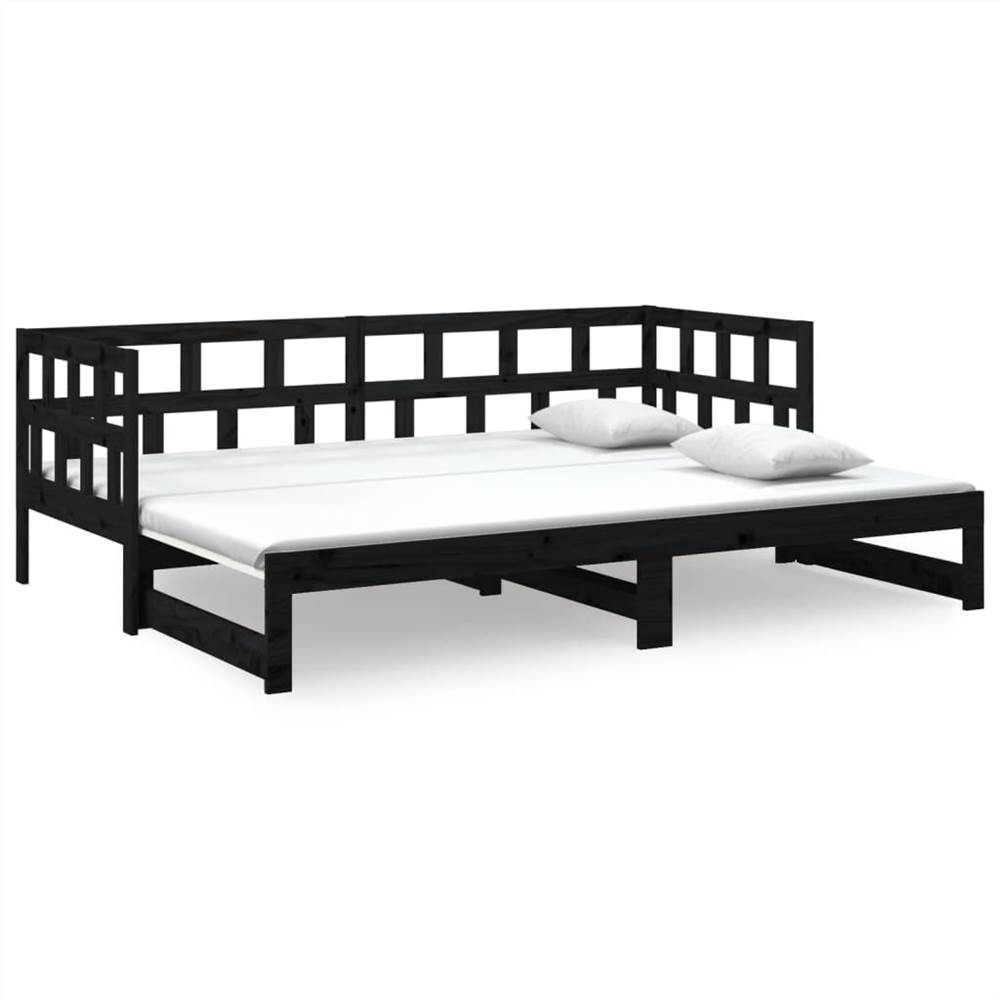 Pull-out Day Bed Black Solid Wood Pine 2x(90x200) cm