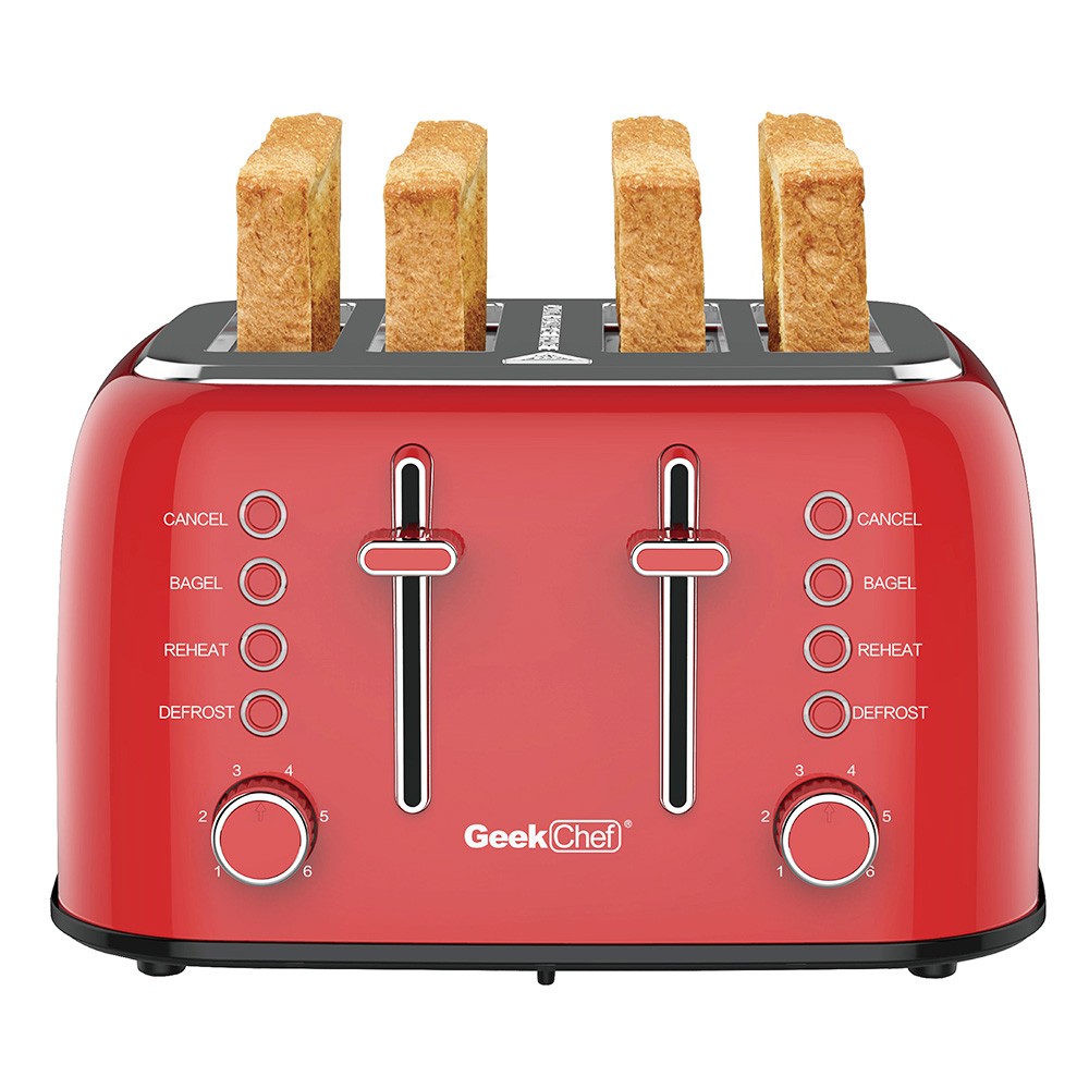

Geek Chef GTS4E Toaster 4 Slice, 1550W Stainless Steel Toaster, 1.5 Inch Extra Wide Slots, 6 Toast Shade Settings, Removable Crumb Trays, Red