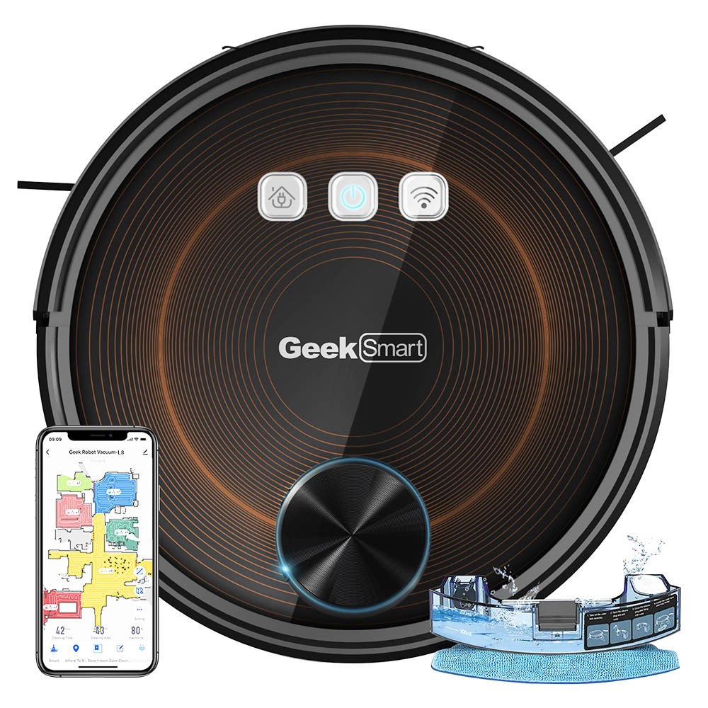 

Geek Chef Smart L8 Robot Vacuum Cleaner, 3 In 1 Sweeping Mopping Vacuuming, Twin Turbo Vacuum, 2700Pa Suction, LDS Navigation, WiFi Connection, APP Control, 110min Runtime, Black