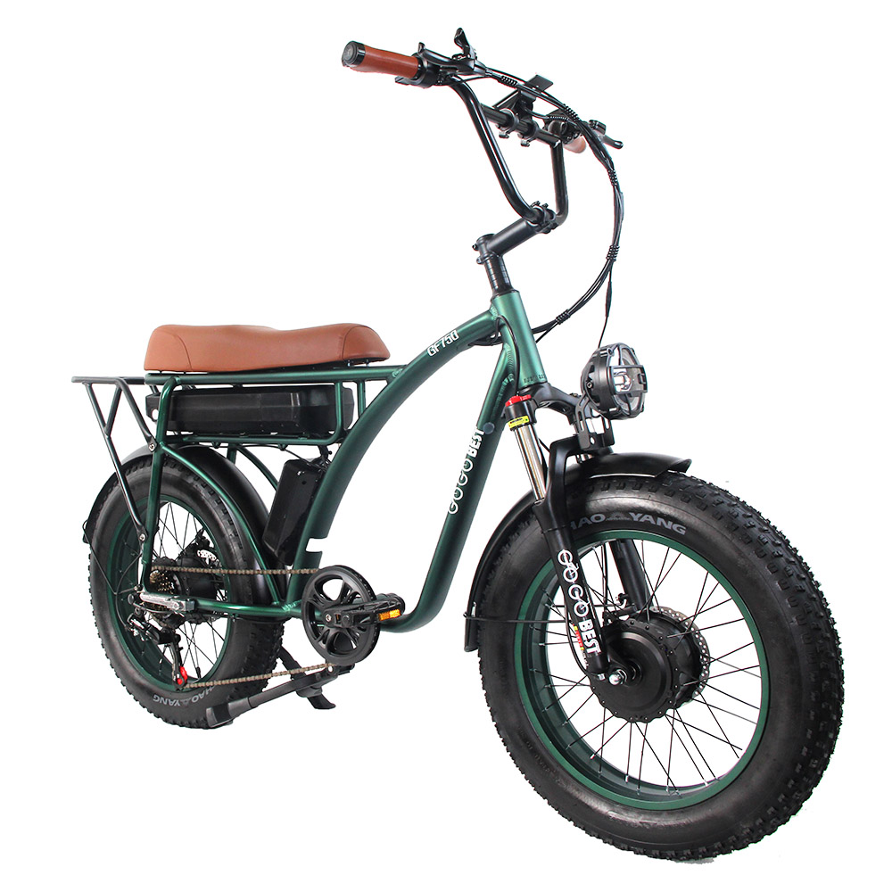 

GOGOBEST GF750 Electric Retro Bicycle 20*4.0 Inch Fat Tire 1000W*2 Dual Motors 50Km/h Max Speed 48V 17.5Ah Battery 80KM Range Shimano 7-Speed Gear with USB Phone Charging 200KG Max Load - Army Green