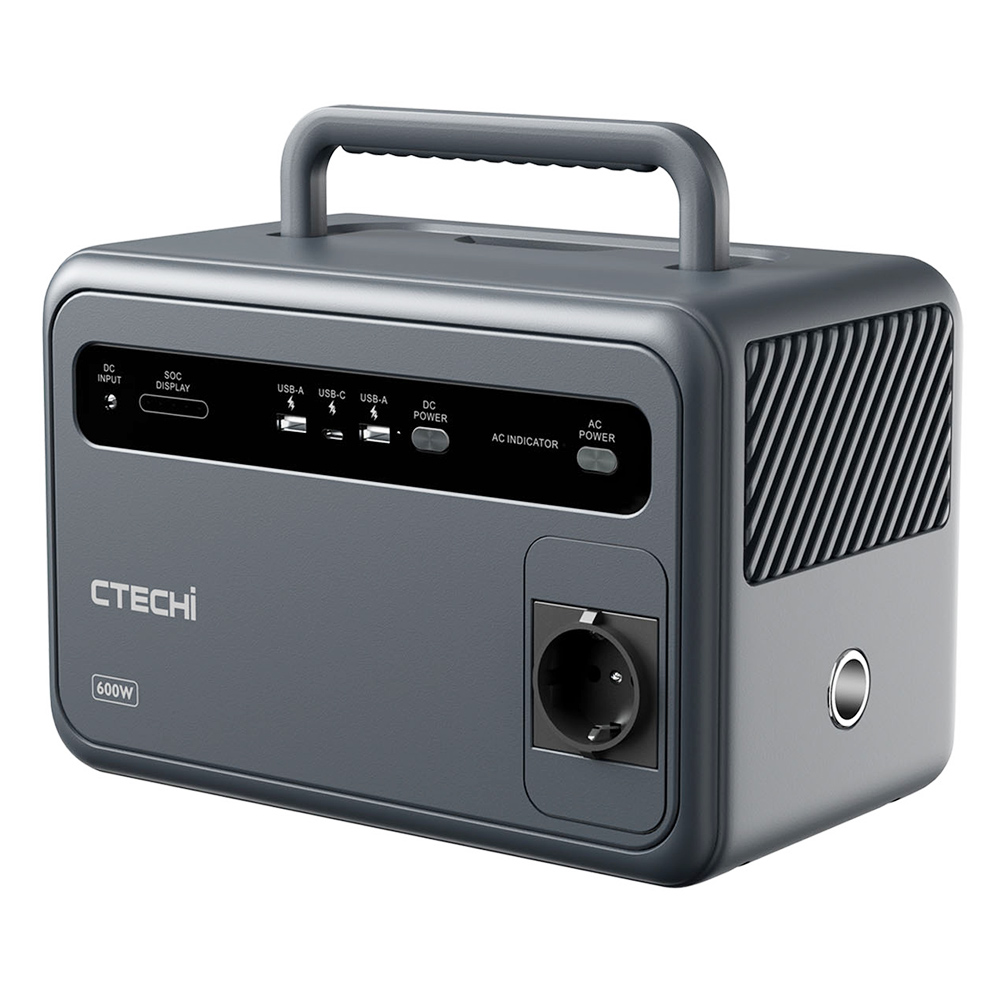 

CTECHi GT600 600W 384Wh Portable Power Station, LiFePO4 Battery Solar Generator, AC Pure Sine Wave Outlet, LED Light, Grey
