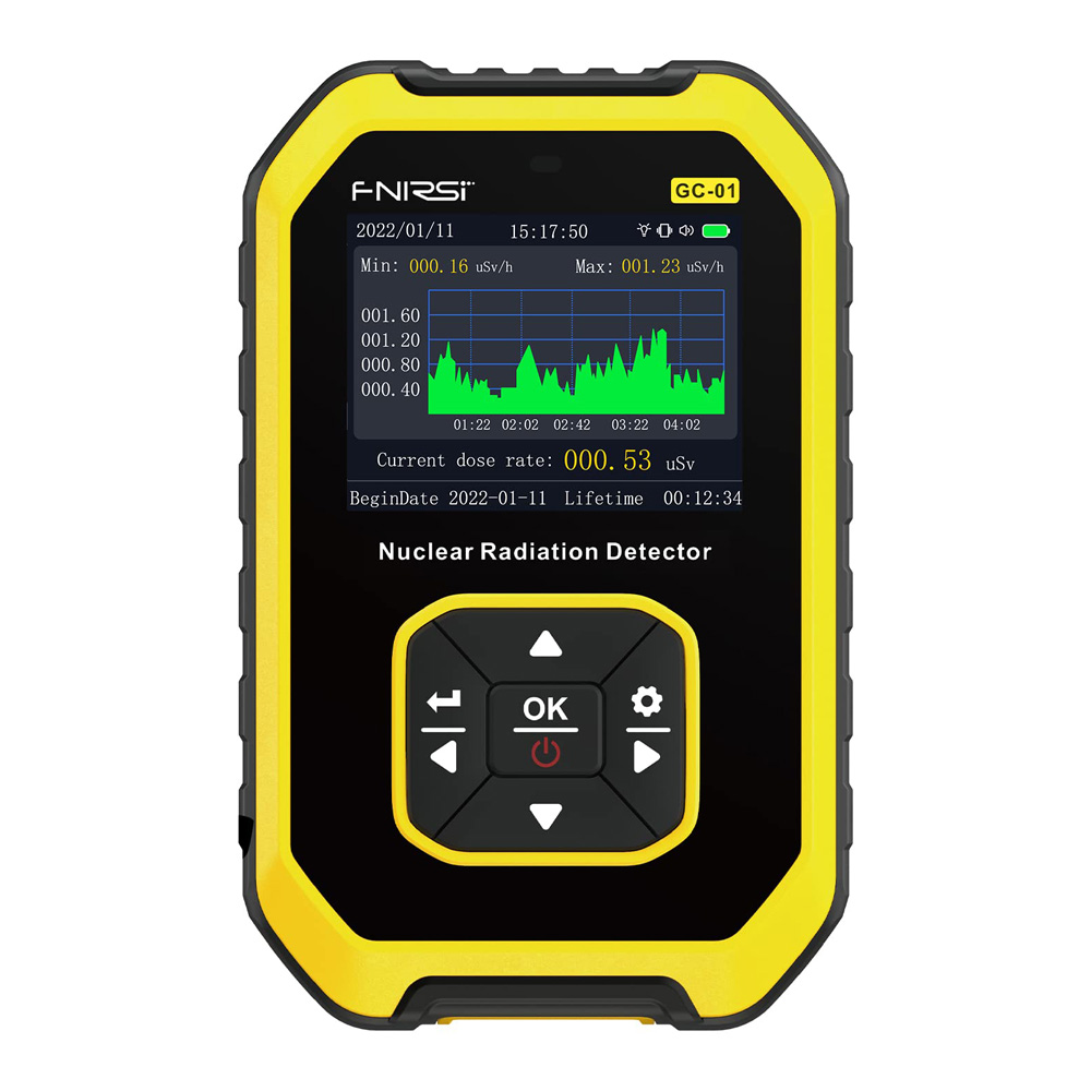 

FNIRSI GC-01 Geiger Counter, Nuclear Radiation Detector with LCD Display, Beta Gamma X-Ray Detect, Sound/Light/Vibrate Alarm, 5 Dosage Units, 1100mAh Rechargeable Battery
