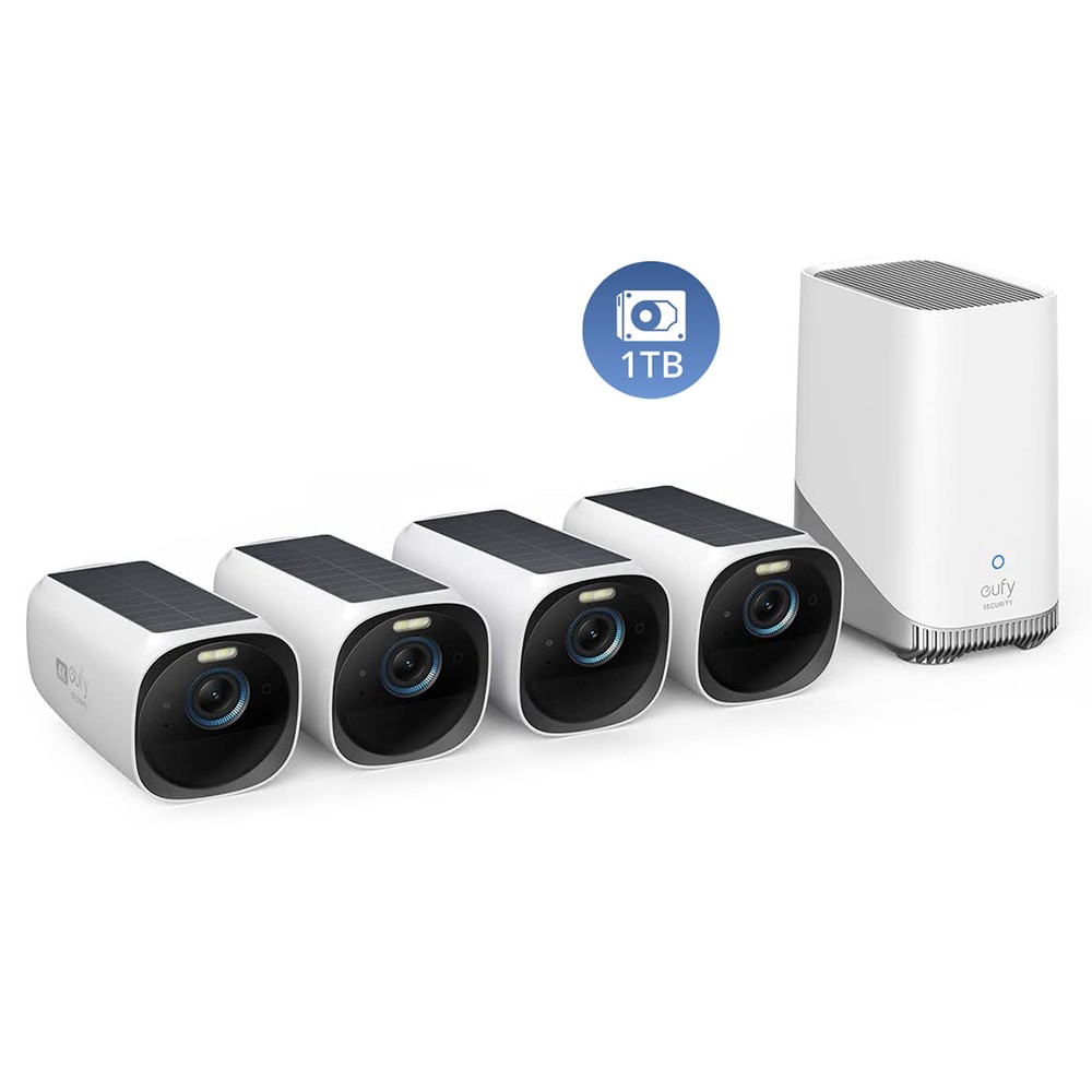 

eufy S330 eufyCam 4-Cam Kit + 1 TB Hard Drive, Wireless Security Camera, Solar Powered, 4K Resolution, 16GB Video Storage, Face Recognition AI, Color Night Vision, Two Way Audio, Expandable to 16TB, IP67 Weatherproof