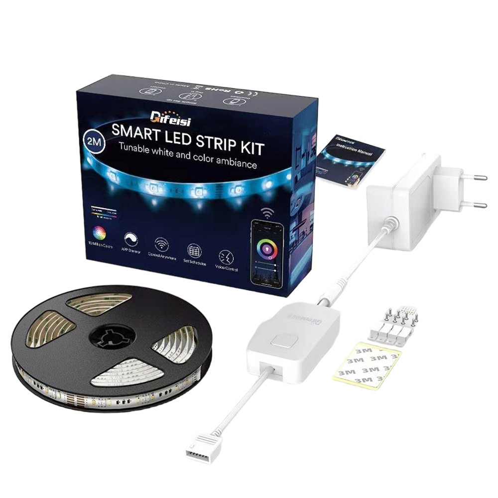 

Difeisi Smart LED Strip Kit, 2m Length, 280lm/m RGB Light Strip, 16 Million Colors, 3000-6500K Color Temperature, Music Rhythm, Tuya Smart APP Control, Voice Control, Extendable to 5m - EU Plug