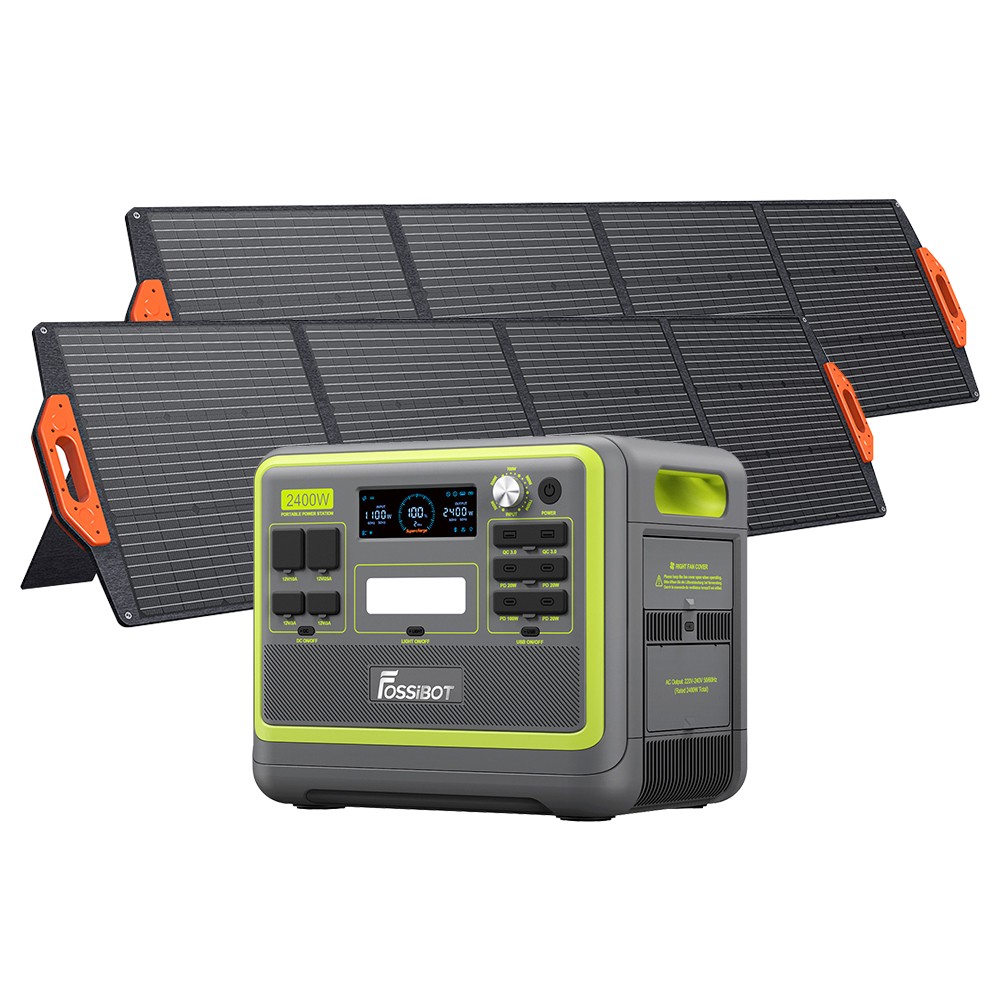 

FOSSiBOT F2400 Portable Power Station + 2 x FOSSiBOT SP200 18V 200W Foldable Solar Panel, 2048Wh LiFePO4 Battery 2400W Output Solar Generator, 3xAC RV Car USB Type-C QC3.0 PD DC5521 Pure Sine Wave Full Outlets, 1.5 Hours Fast Charging, Outdoor