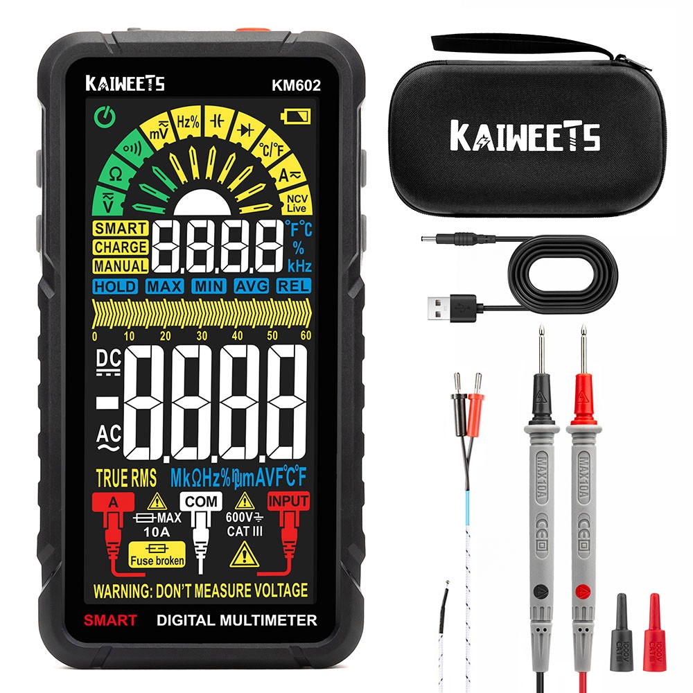

KAIWEETS KM602 Digital Multimeter 6000 Counts True-RMS Meter Smart Mode Manual Mode 1200mAh Rechargeable Battery Flashlight Auto-Lock - Black