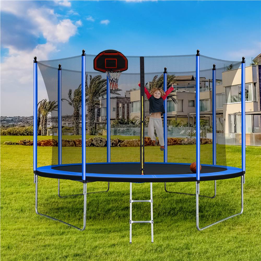 10FT Trampoline with Basketball Hoop Inflator and Ladder(Inner Safety Enclosure) Blue