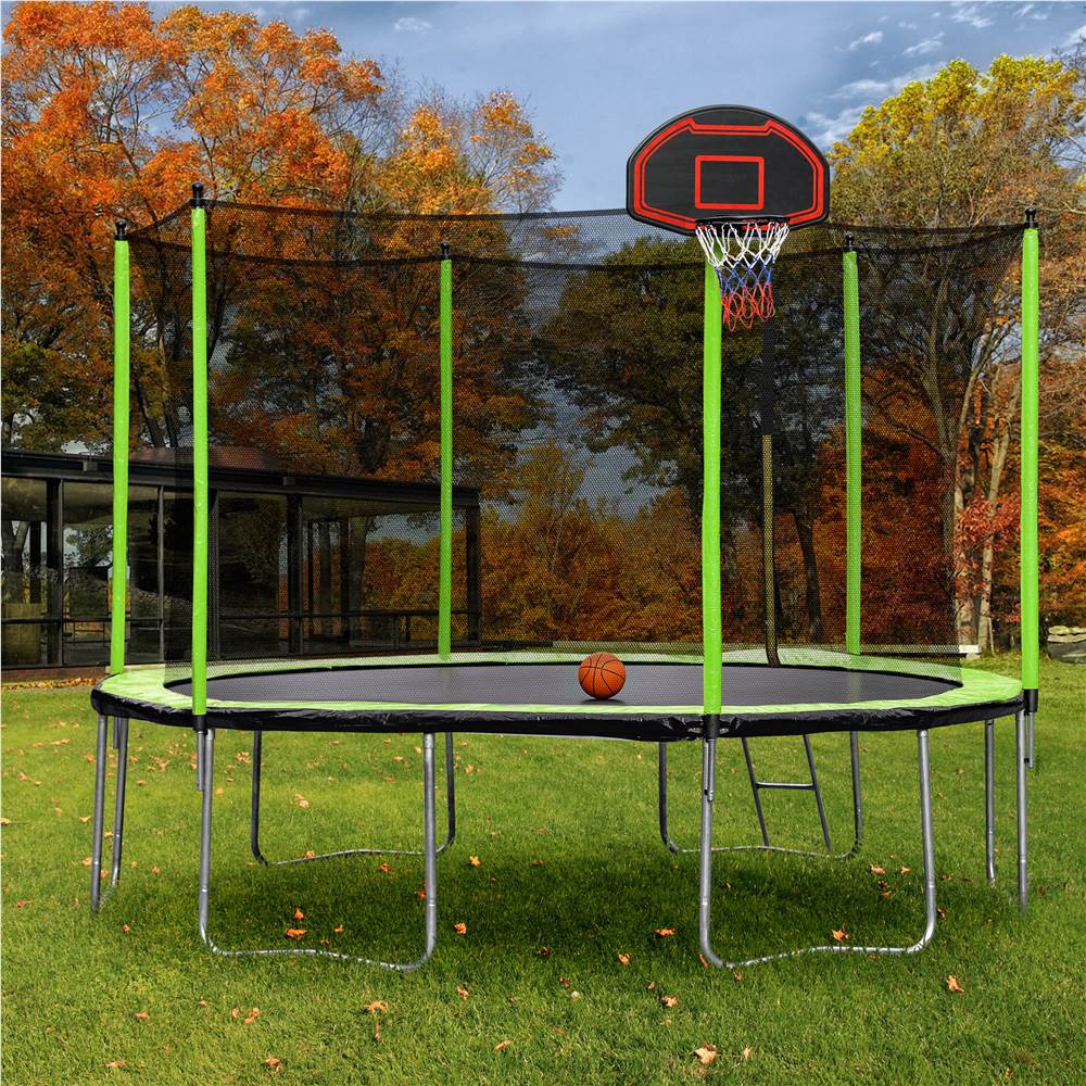 15FT Trampoline with Basketball Hoop Inflator and Ladder(Inner Safety Enclosure) Green