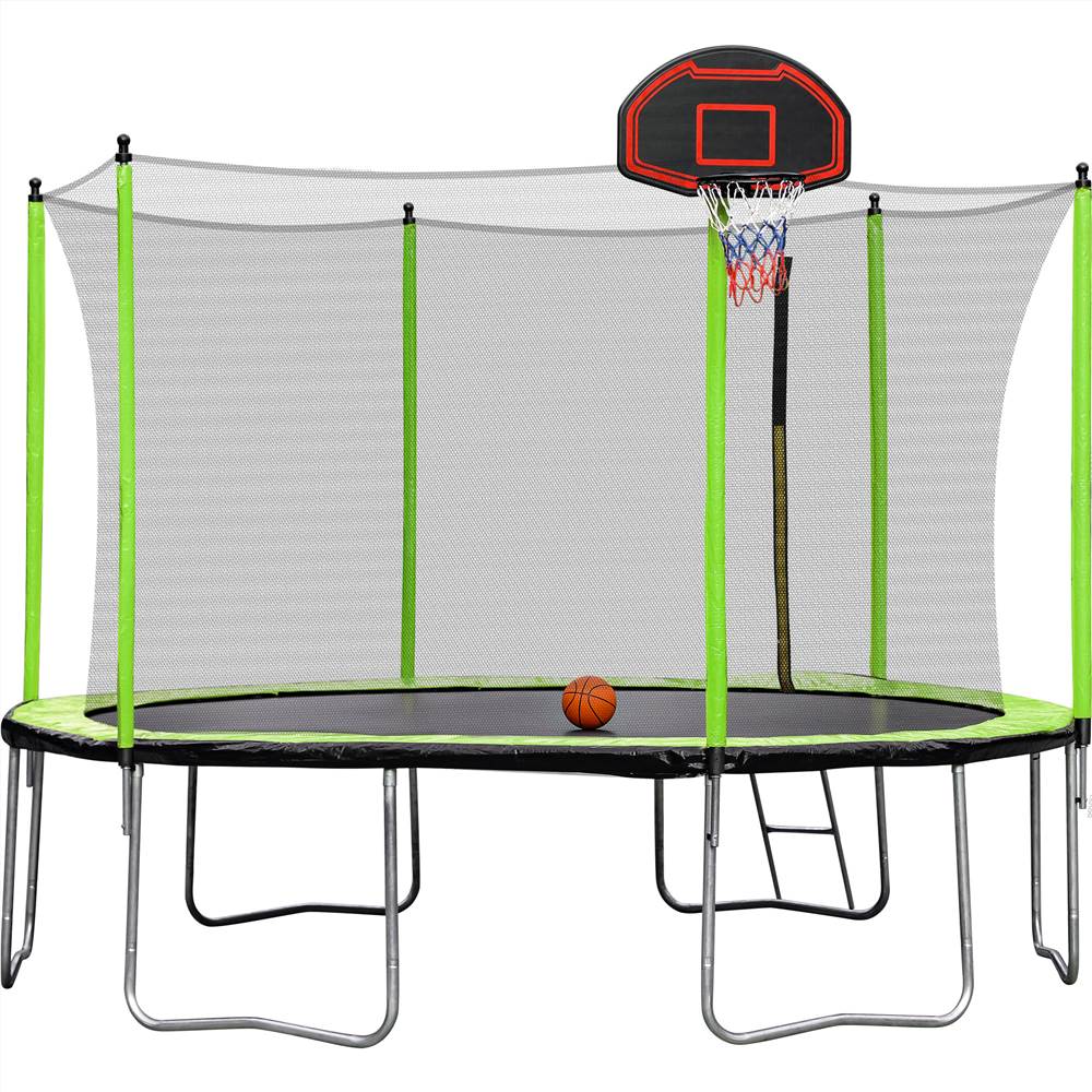15FT Trampoline with Basketball Hoop Inflator and Ladder(Inner Safety Enclosure) Green