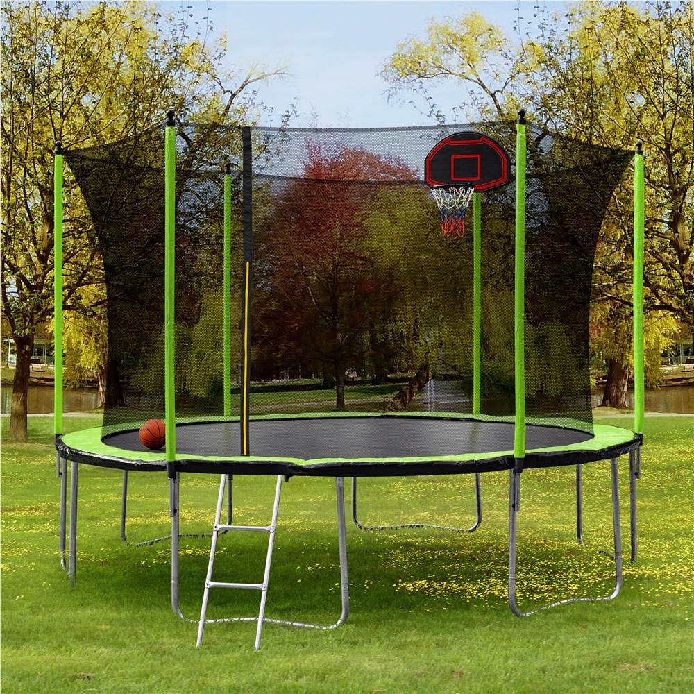 15FT Trampoline with Basketball Hoop Inflator and Ladder(Inner Safety Enclosure) Green