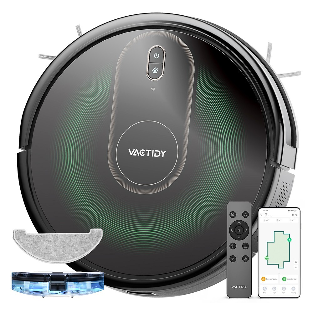 

Vactidy T8 Robot Vacuum Cleaner, 2 in 1 Mopping Vacuum, 3000Pa Suction, 250ml Dust Bin, Carpet Detection, App/Voice Control, Up to 100 Mins Runtime, Black