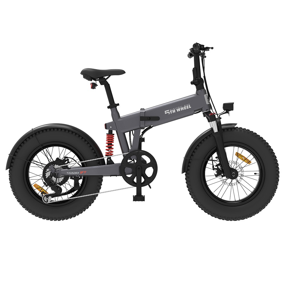 

5TH WHEEL Thunder 1FT Electric Bike 20*4.0 inch Inflatable Rubber Fat Tires, 500W Motor 20mph Max Speed 48V 10.4Ah Battery 50 Miles Range Shimano 6-Speed Gear, Grey