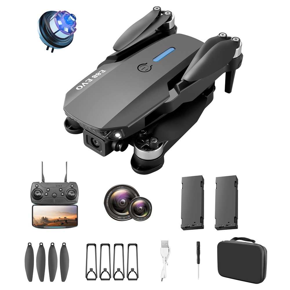 

E88 EVO Brushless Motor Drone with Dual Cameras, 2.4GHz, 2.4G WIFI, Optical Flow Positioning, 2 Batteries, Black