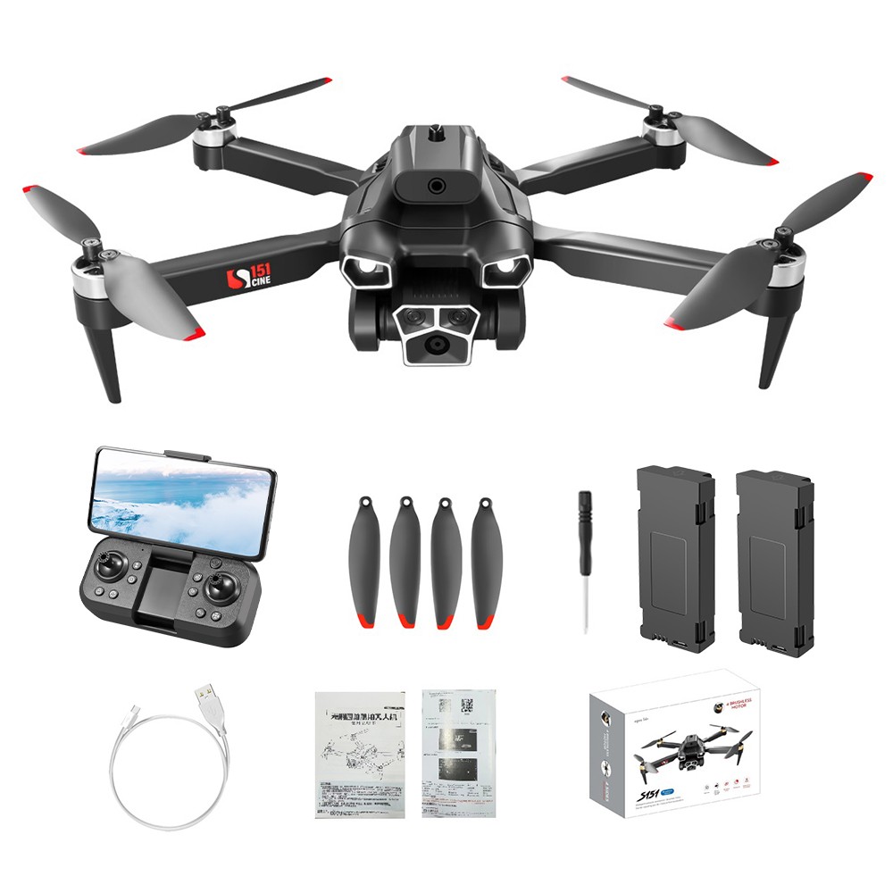

S151 Foldable Brushless Drone 2.4GHz Optical Flow Positioning 4-Sided Obstacle Avoidance - 2 Batteries, Dual Cameras, Black