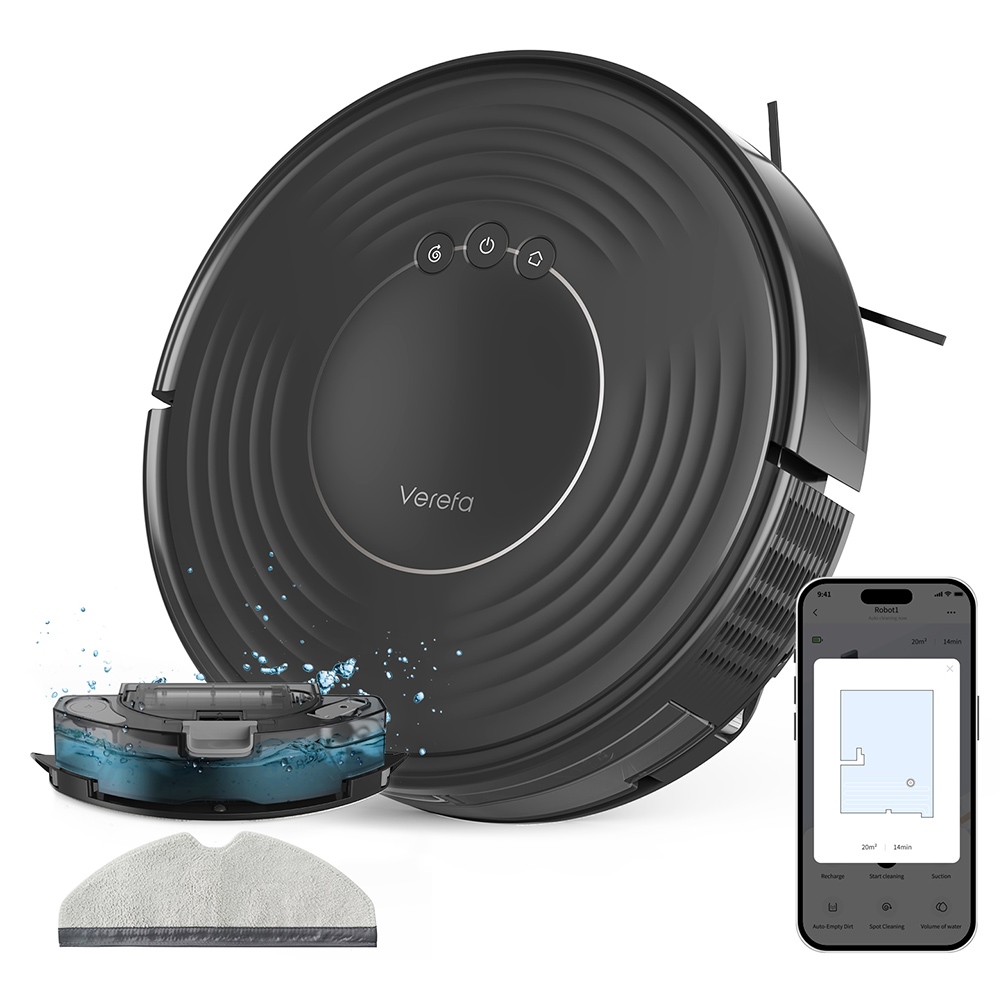 

Verefa V60m Lite Robot Vacuum Cleaner, 2700Pa Max Suction, 2 in 1 Vacuuming Mopping, 250ml Dust Box, Max 150 Mins Runtime, App/Voice Control - Black