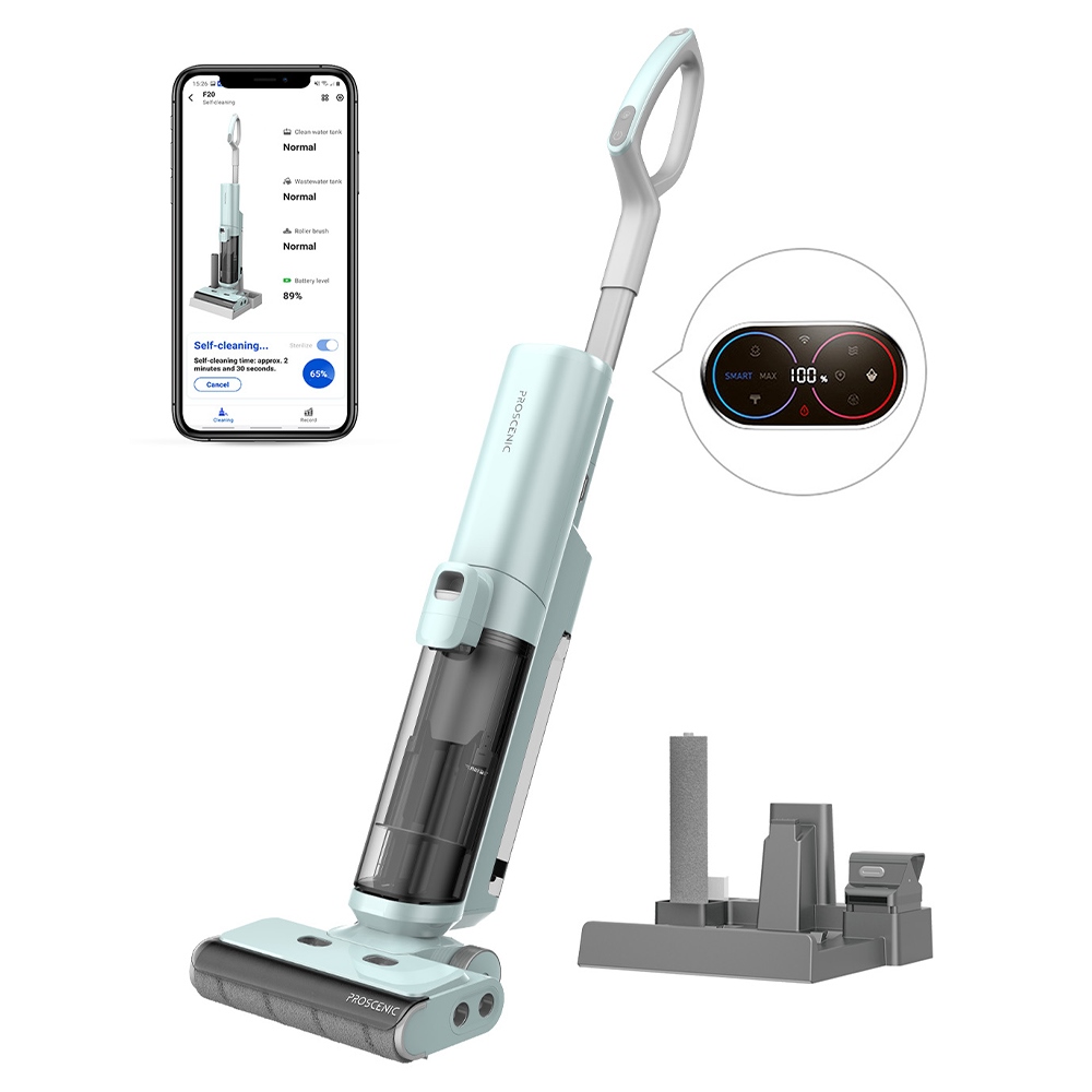 

Proscenic WashVac F20 Cordless Wet Dry Vacuum Cleaner, Self-Cleaning, 15KPa Suction, 1L Water Tank, 4000mAh Detachable Battery, 45Mins Runtime, LED Display, App/Voice Control - Blue