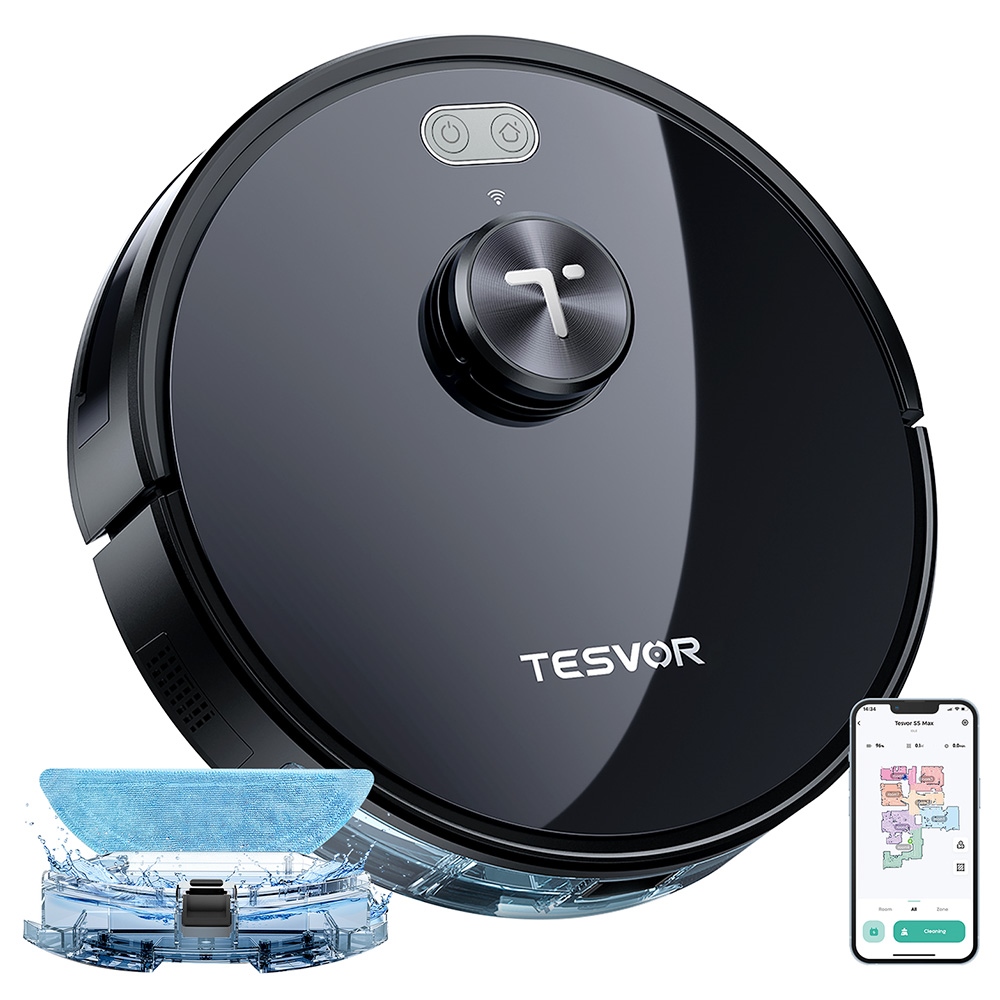 

Tesvor S5 Max Robot Vacuum Cleaner, 3 in 1 Vacuum Mopping Sweeping, 6000Pa Suction, LiDAR Navigation, 600ml Dust Box, 5200mAh Battery, Max 260 Mins Runtime, App/Voice Control, Black
