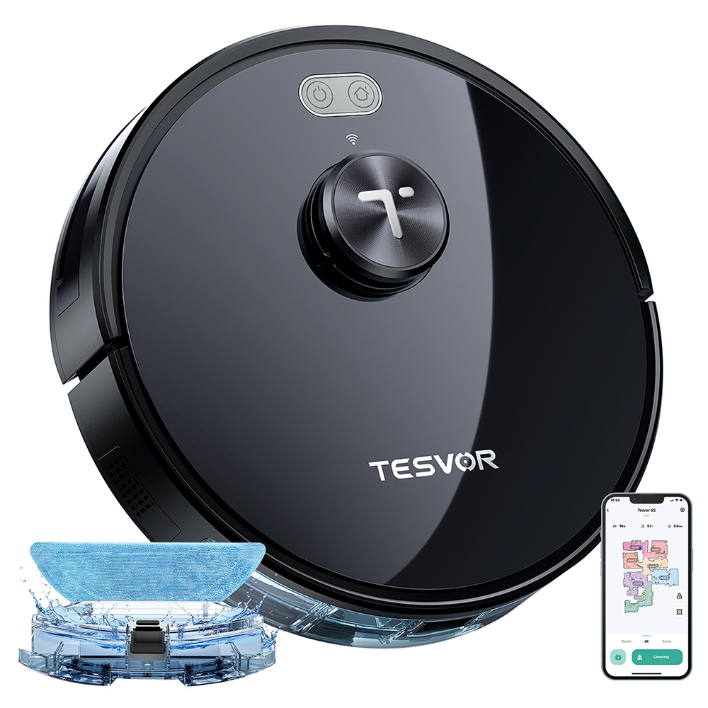 

Tesvor S5 Robot Vacuum Cleaner, 3 in 1 Vacuum Mopping Sweeping, 3000Pa Suction, LiDAR Navigation, 600ml Dust Box, 2600mAh Battery, Max 180 Mins Runtime, App/Voice Control, Black