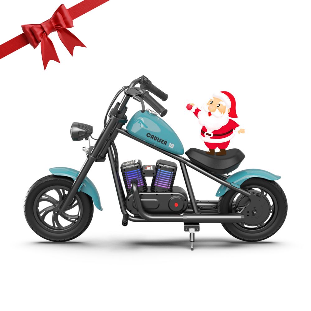 

HYPER GOGO Cruiser 12 Plus Electric Motorcycle for Kids 24V 5.2Ah Battery 160W Motor 10MPH Max Speed 12" x 3" Tires, 7.5 Miles Max Range with Odometer, Ambient Lights, Simulated Smoke, Bluetooth Speaker - Blue
