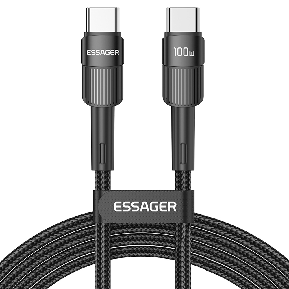 

ESSAGER 100W Type-C to Type-C Data Cable, PD Fast Charging, 480Mbps Transmission Speed, for MacBook / Tablet / Huawei Samsung Mobile Phone - 1m Cable, Black