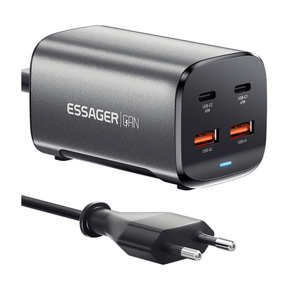 

ESSAGER 67W GaN Desktop Charger, 2 USB-A + 2 Type-C, PD 3.0 QC 3.0 Fast Charging, Intelligent Charging Protection, for MacBook Samsung POPC iPhone 15 Laptop - EU Plug