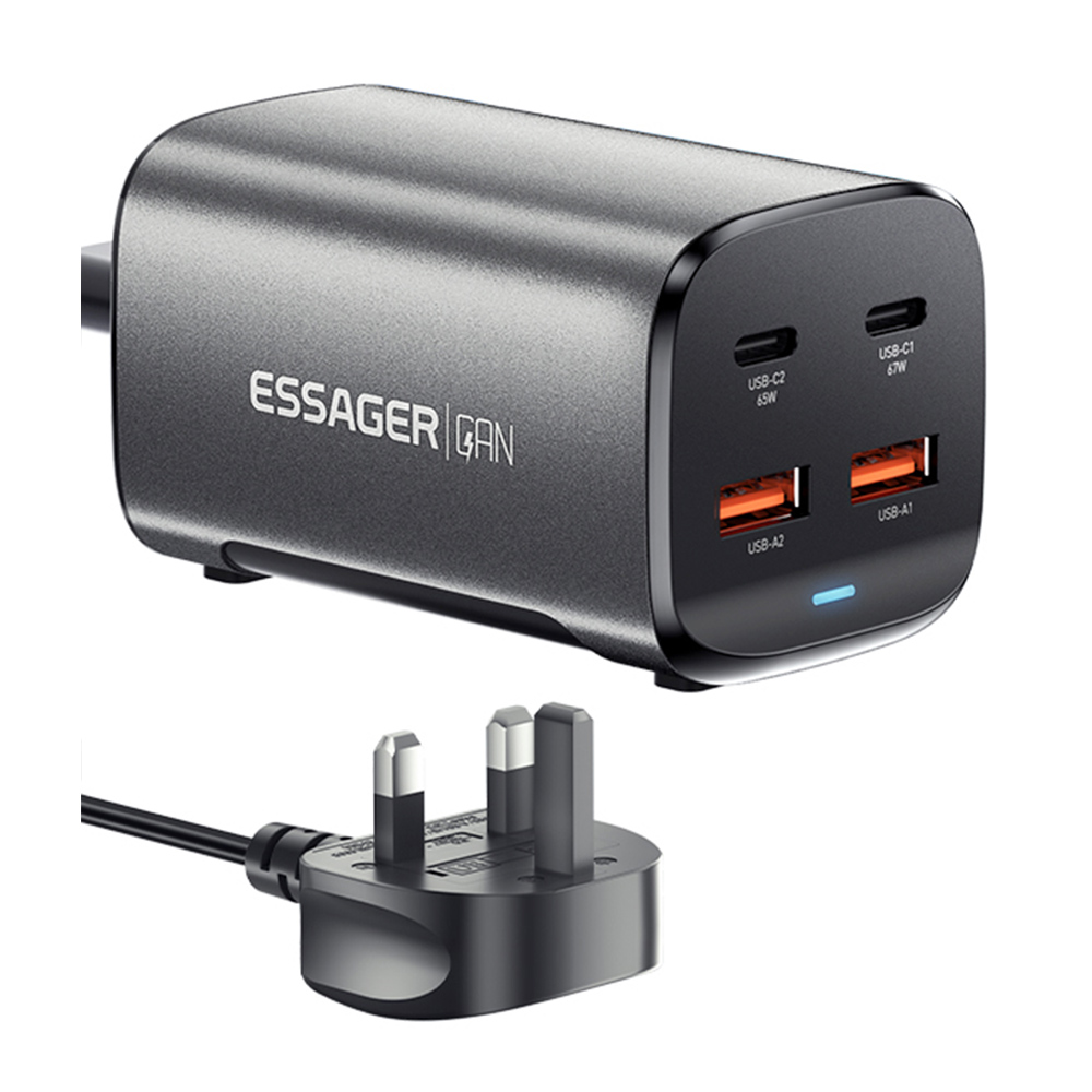 

ESSAGER 67W GaN Desktop Charger, 2 USB-A + 2 Type-C, PD 3.0 QC 3.0 Fast Charging, Intelligent Charging Protection, for MacBook Samsung POPC iPhone 15 Laptop - UK Plug