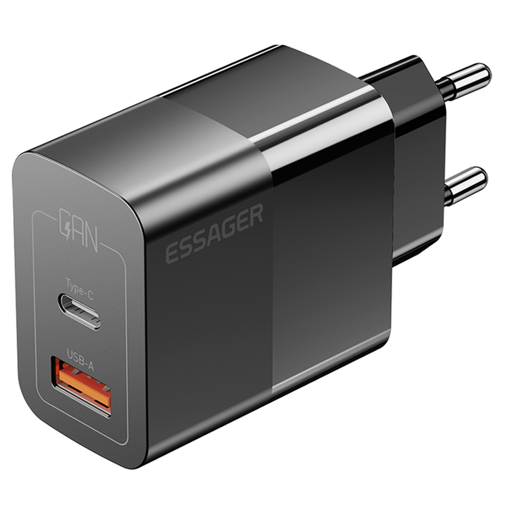 

ESSAGER 33W GaN Charger, USB-A + Type-C, PD 3.0 QC 3.0 Fast Charging, Intelligent Charging Protection, for iPhone iPad Xiaomi Mobile Phone Tablet, EU Plug - Black