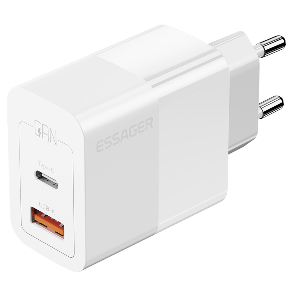 

ESSAGER 33W GaN Charger, USB-A + Type-C, PD 3.0 QC 3.0 Fast Charging, Intelligent Charging Protection, for iPhone iPad Xiaomi Mobile Phone Tablet, EU Plug - White