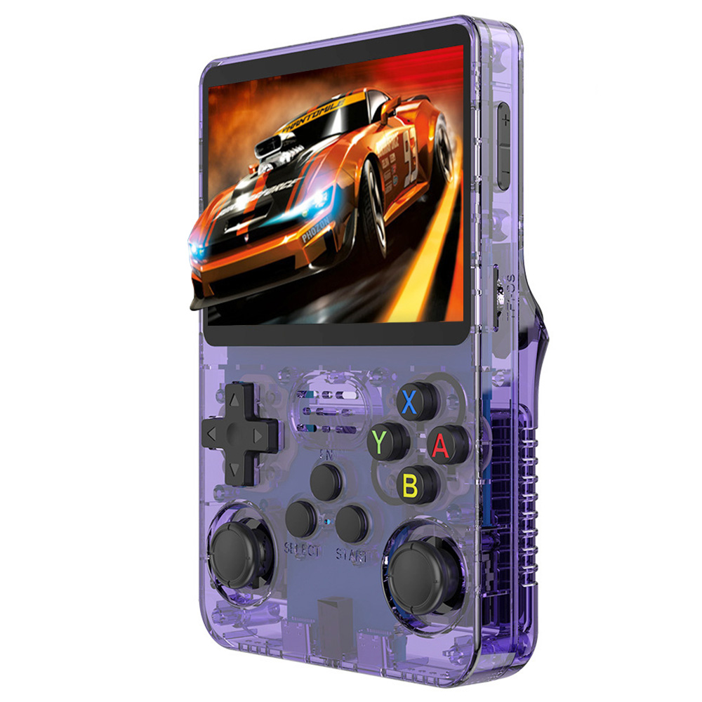 

R36S Retro Game Console, 64GB TF Card with 10000 Games, 32GB ArkOS 2.0 Based on Linux, 20 Emulators, 3.5-inch IPS Screen, 1GB DDR3L, 8W Speaker, 3-5H Battery Life - Transparent Purple