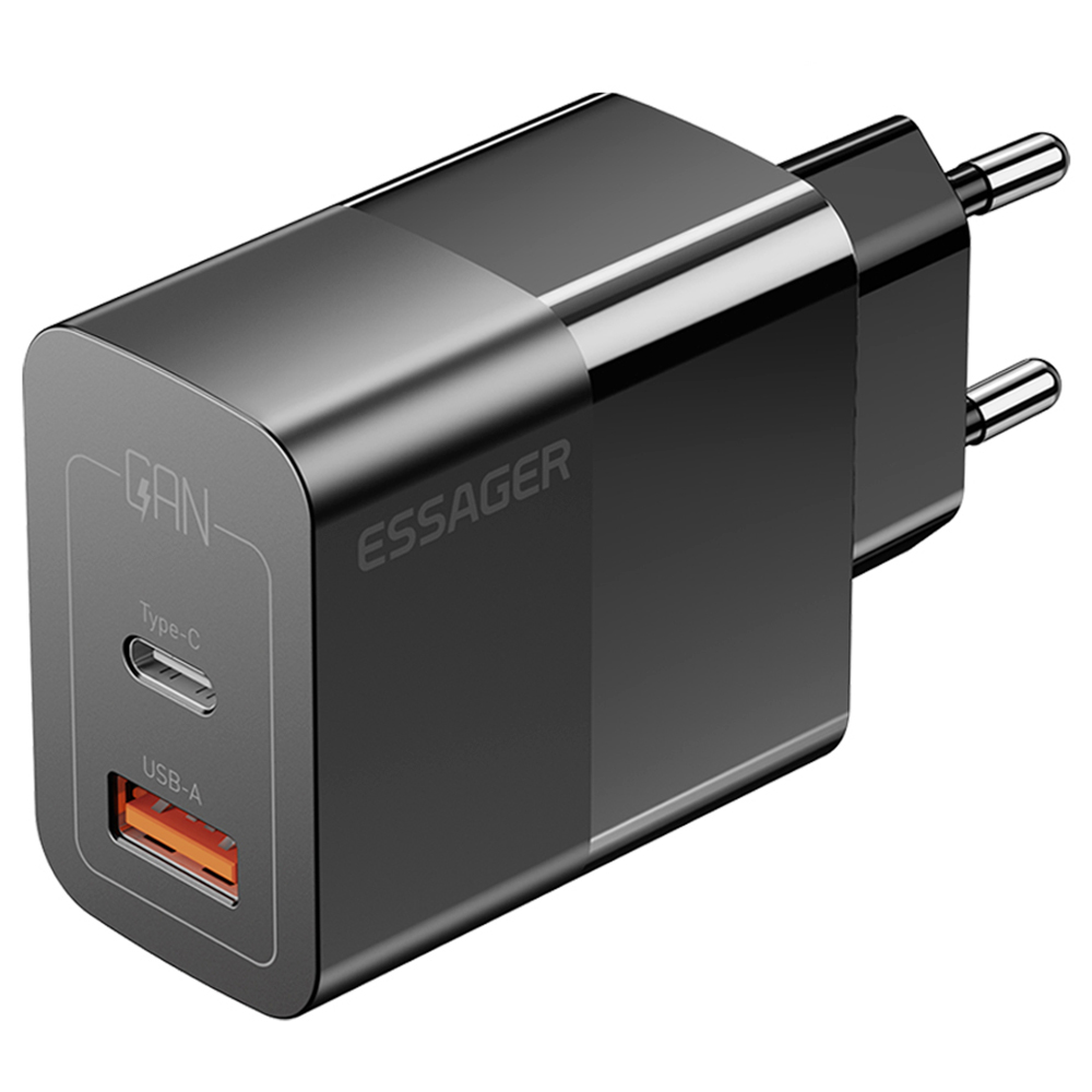 

ESSAGER 33W GaN USB C Charger, 2 Ports, Digital Display, Fast Charging, Black - EU Plug