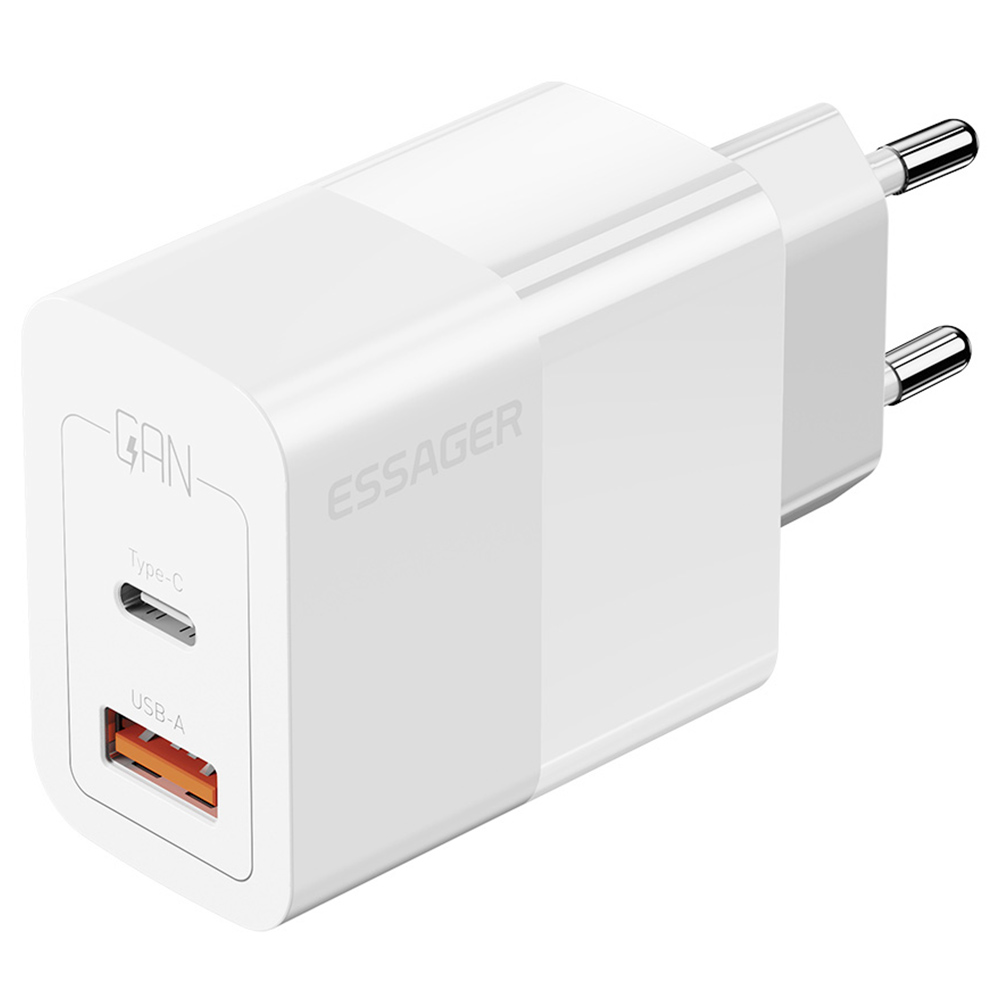 

ESSAGER 33W GaN USB C Charger, 2 Ports, Digital Display, Fast Charging, White - EU Plug