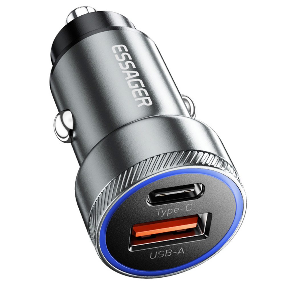 

ESSAGER 54W Car Charger, USB-A+Type-C 2 Ports, PD Quick Charging, Ambient Light, Intelligent Chip - Gray