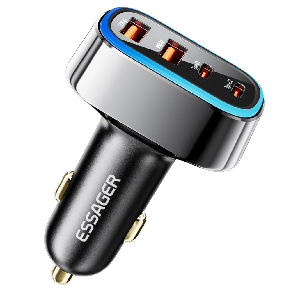 

ESSAGER 70W Car Charger, 2 USB-A+2 Type-C, PD Quick Charging, with Colorful Ambient Light, for 12-24V Vehicles - Black