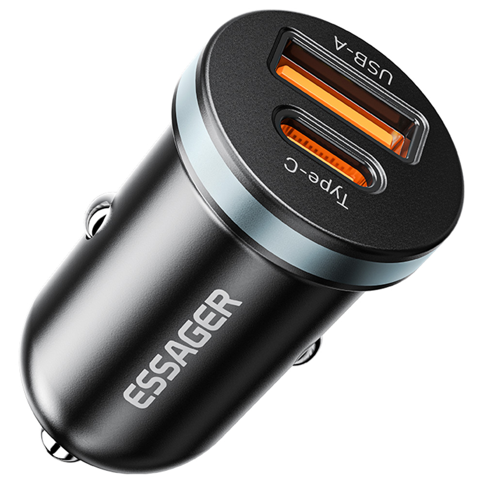 

ESSAGER 30W Car Charger, USB-A+Type-C Dual Ports, PD Fast Charging, for 12-24V Vehicles - Black