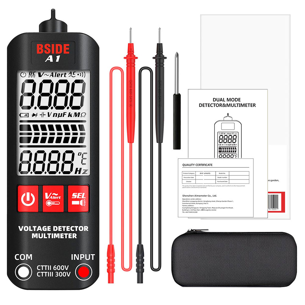 

BSIDE A1 Digital Multimeter, Electrician Pen, Non-Contact Voltage Tester, Ohm Hz Meter, AC Live/Neutral Wire Test, Red & Green Backlight, with Storage Bag - Black
