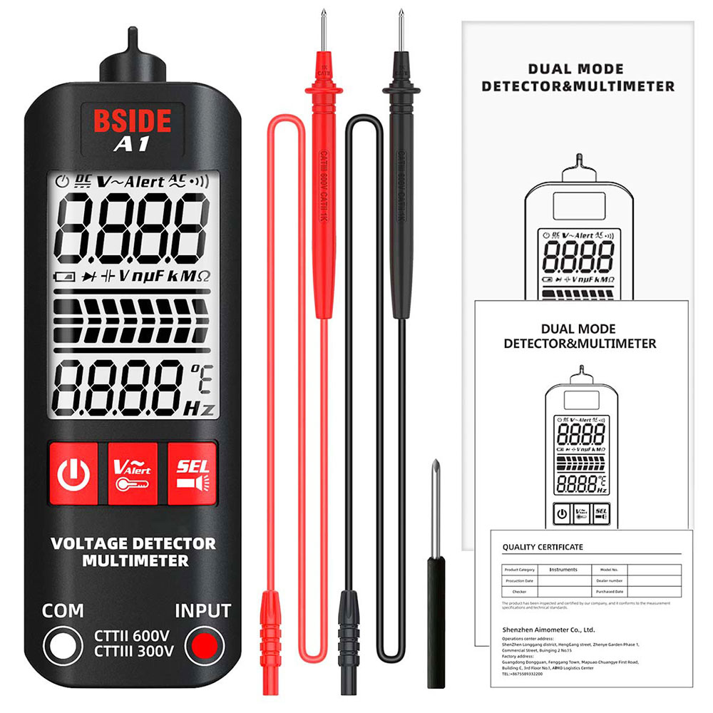 

BSIDE A1 Digital Multimeter, Electrician Pen, Non-Contact Voltage Tester, Ohm Hz Meter, AC Live/Neutral Wire Test, Red & Green Backlight, without Storage Bag - Black