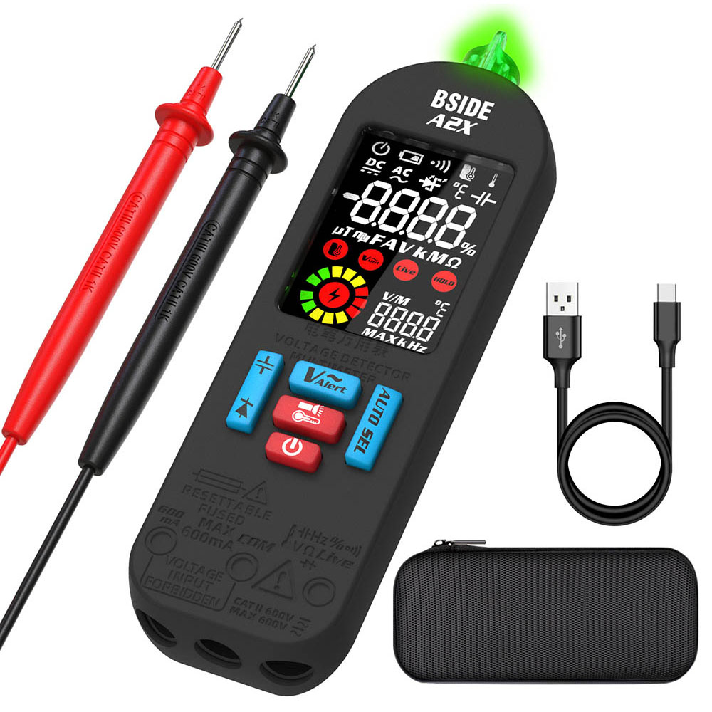 

BSIDE A2X Intelligent Digital Multimeter, USB Charging, Color LCD Screen, Rechargeable Li-ion Battery, Bright LED Flashlight, Amp Smart Identification, Black