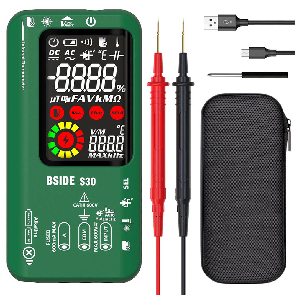 

BSIDE S30 Digital Multimeter, Infrared Thermometer, True RMS 9999 Counts, DC AC Voltage Current 15V Diode Capacitor, Ohm NCV Rechargeable Tester - Green