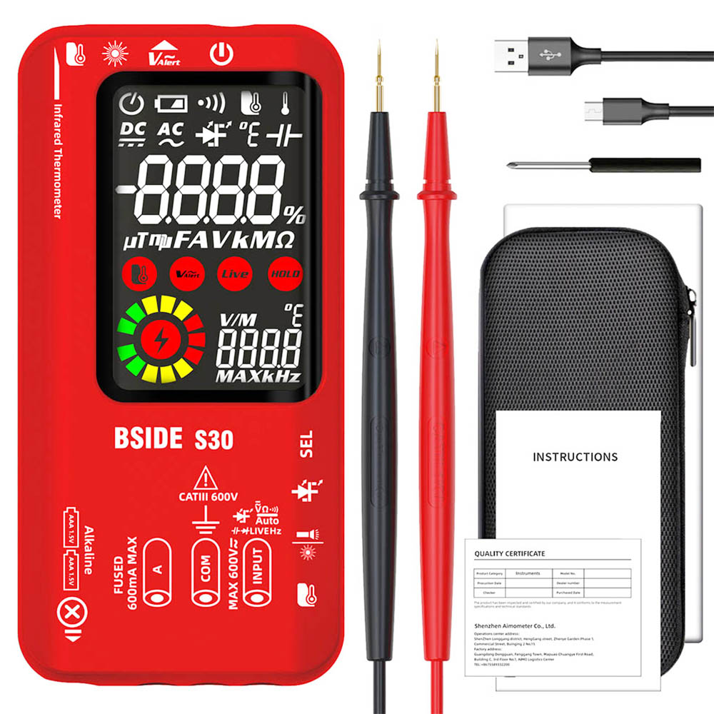 

BSIDE S30 Digital Multimeter, Infrared Thermometer, True RMS 9999 Counts, DC AC Voltage Current 15V Diode Capacitor, Ohm NCV Rechargeable Tester - Red